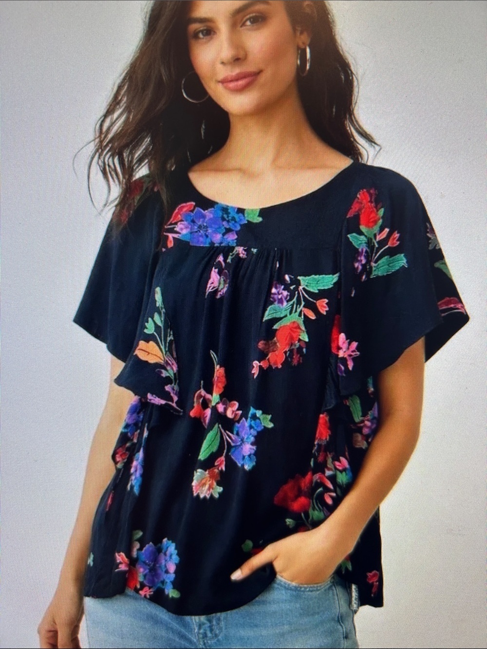 Anthropolgie Maeve SZ S Black Floral Flutter-Sleeve Top Cottage Boho Fairy Core